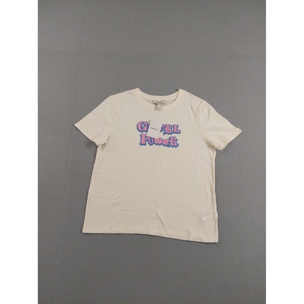 Forever 21 Women Top M Cream Graphic Tee 100% Cotton Short Sleeve Crew Neck
